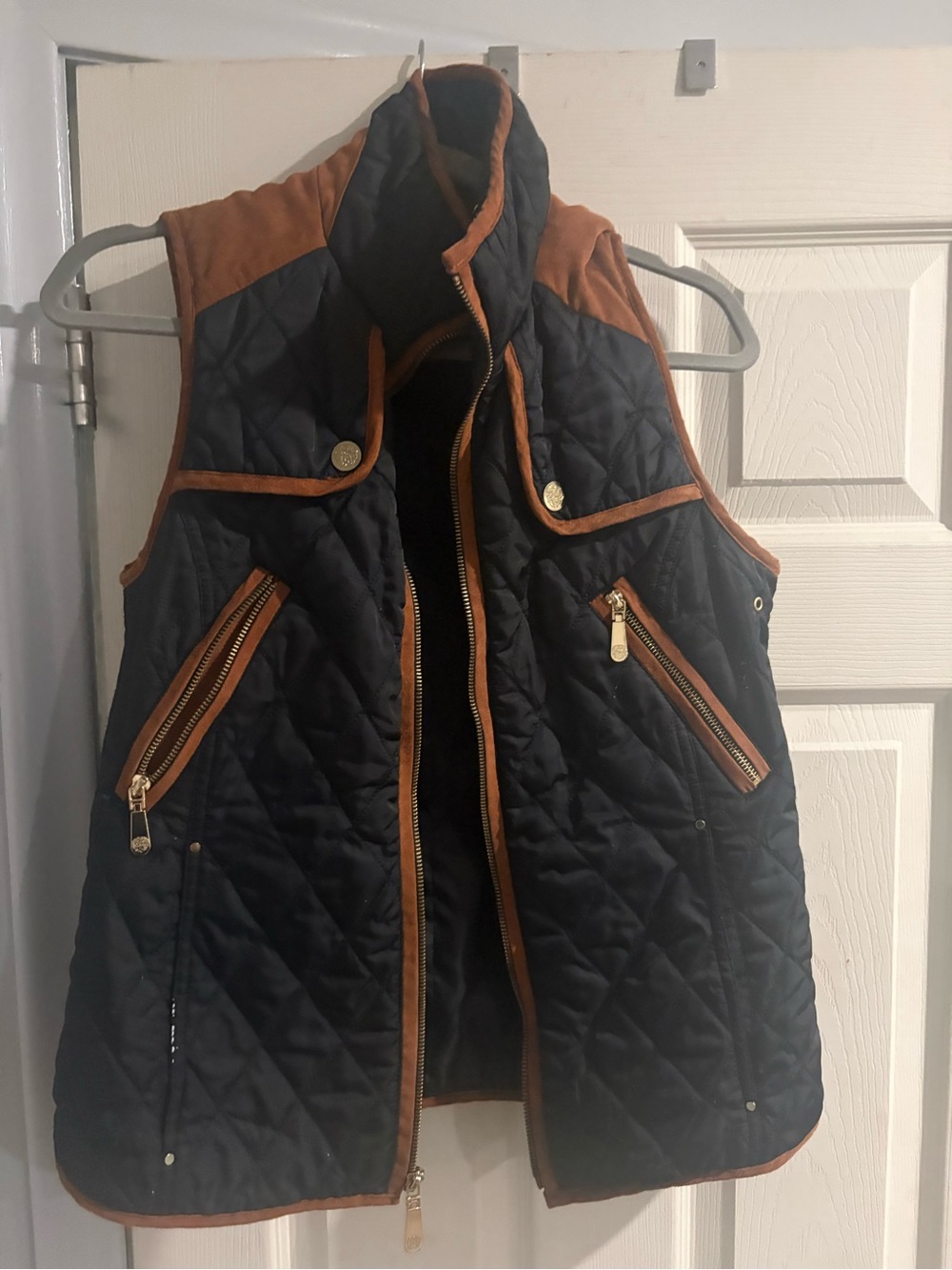 Quilted Navy Vest with Brown Suede Trim and Gold Buttons